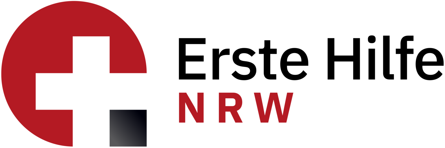 Erste Hilfe NRW: rotes Kreiszeichen mit Kreuz und dunklem Schriftzug